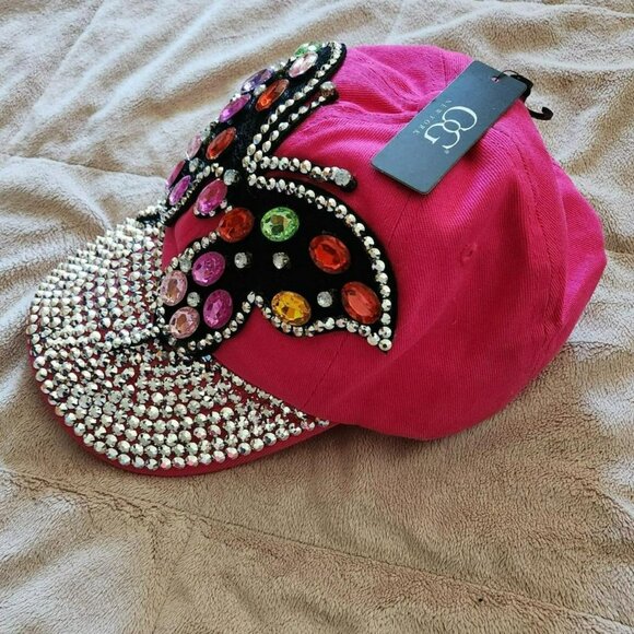 Y2K Pink Butterfly Hat rhinestone gem baseball cap 100% cotton NWT bratz bling - Picture 3 of 8